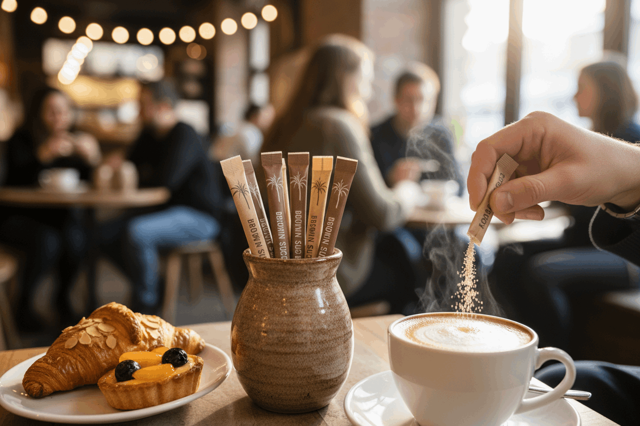 Close-up of customer using brown sugar stick with cappuccino