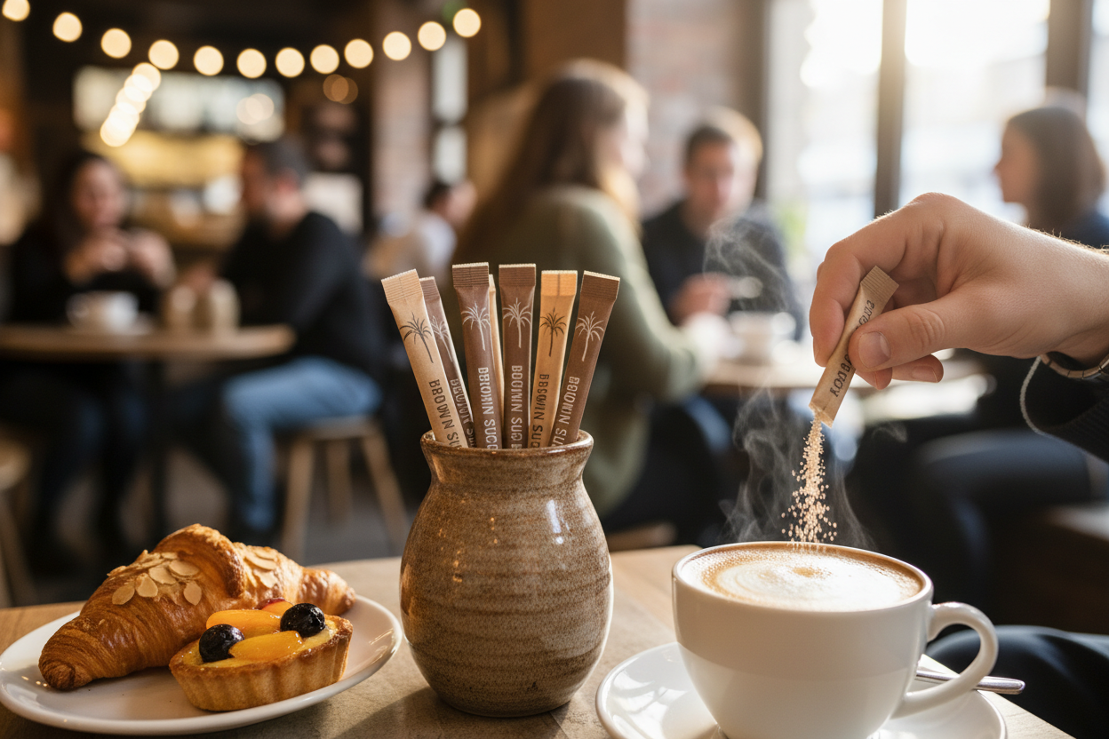 Close-up of customer using brown sugar stick with cappuccino