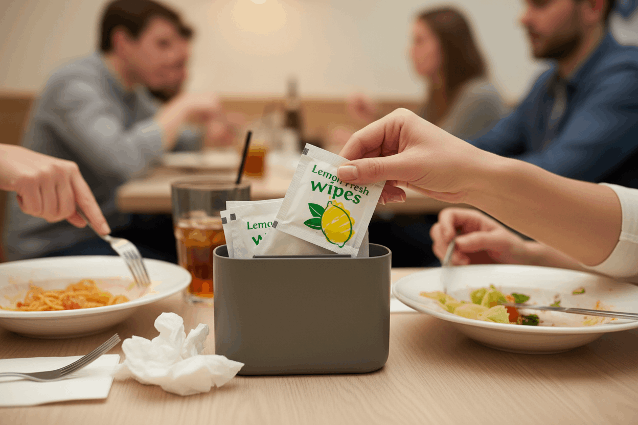 Close-up of customer using lemon fresh wipe after meal