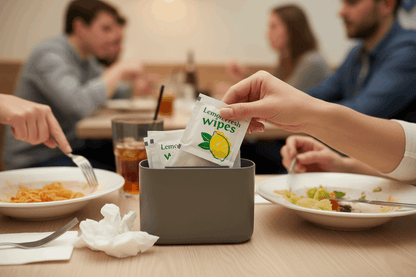 Close-up of customer using lemon fresh wipe after meal