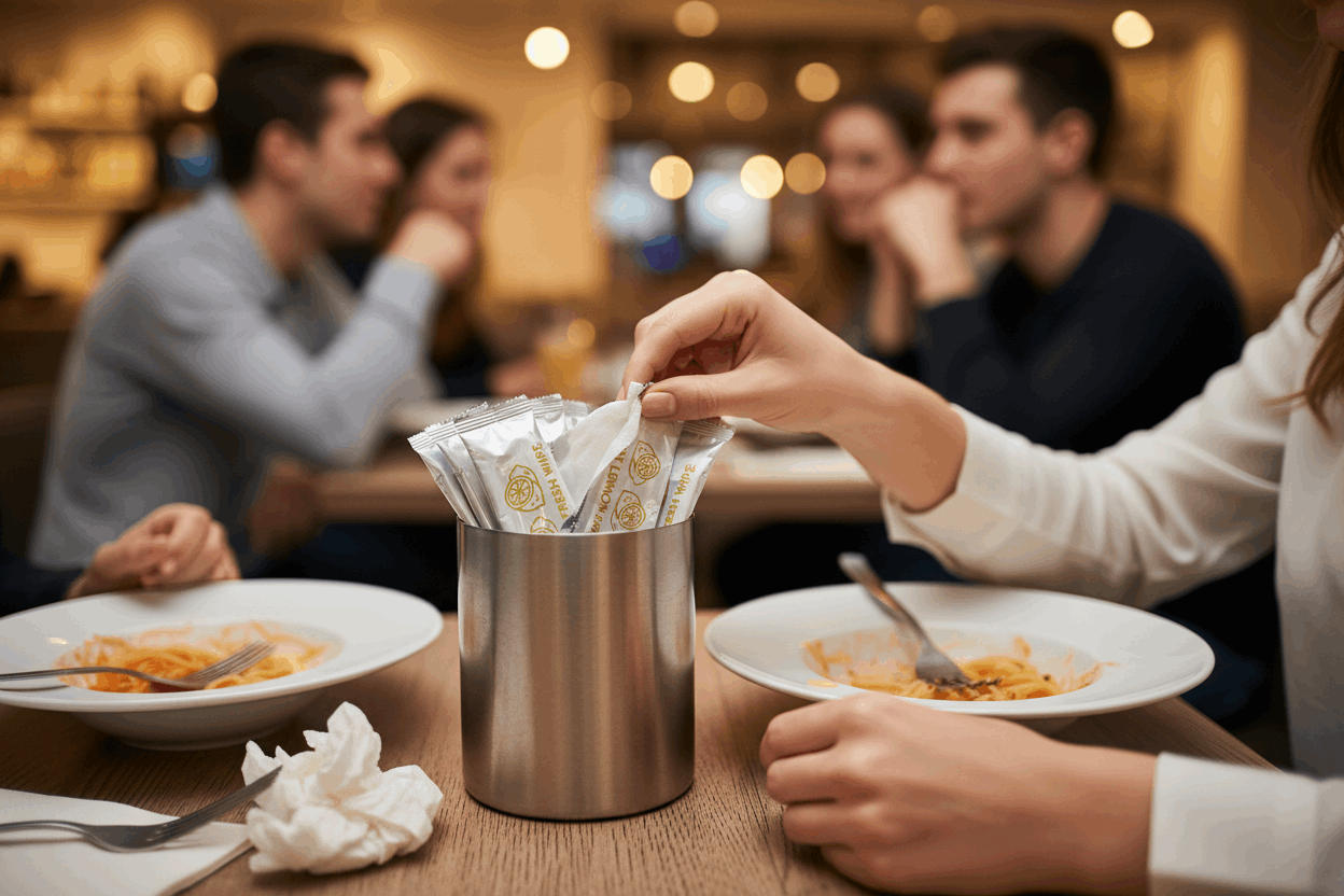 Close-up of customer using lemon fresh wipe after meal
