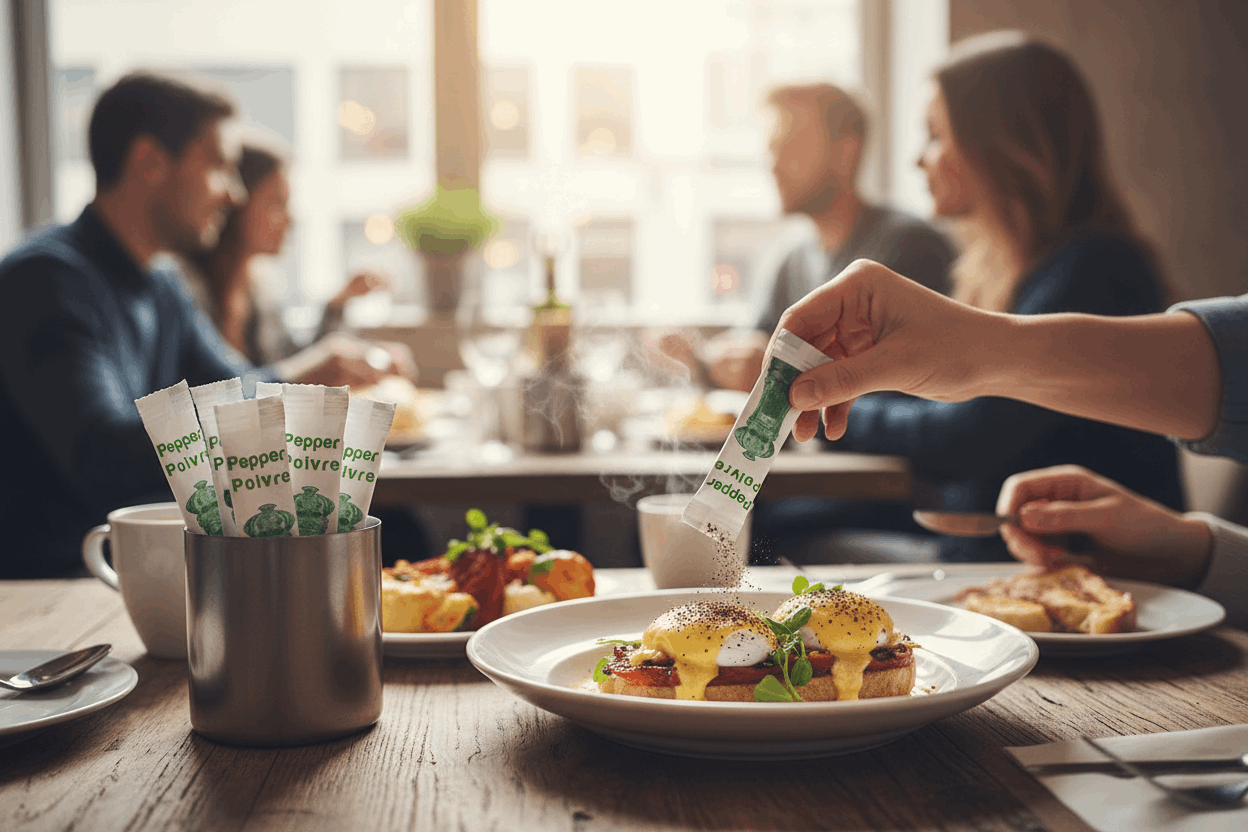 Close-up of customer using pepper sachet with food