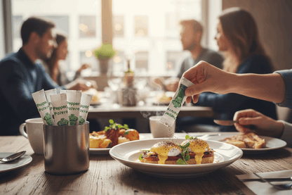 Close-up of customer using pepper sachet with food