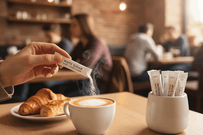 Close-up of customer using sugar stick with cappuccino