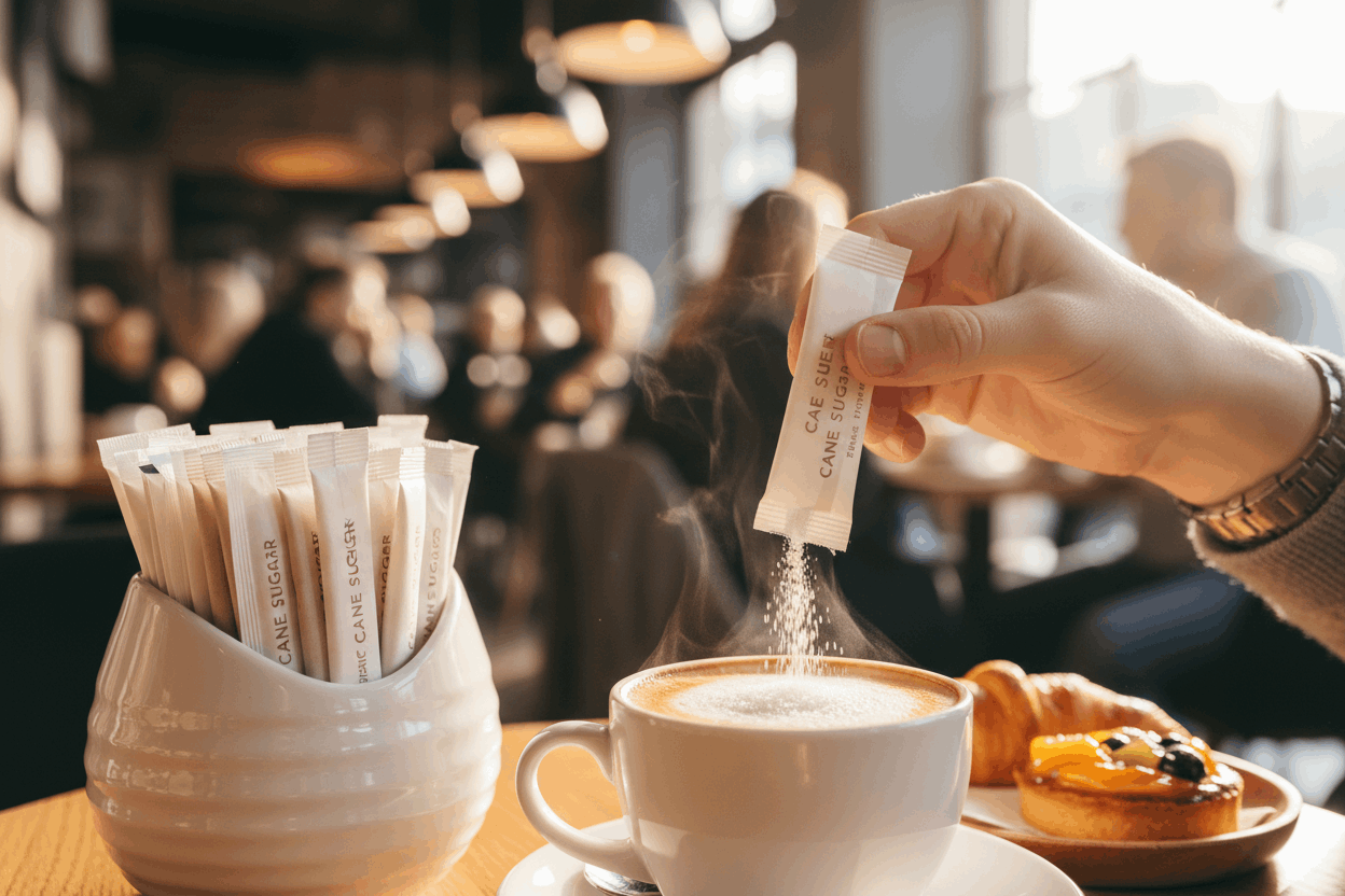 Close-up of customer using white sugar sachet with cappuccino