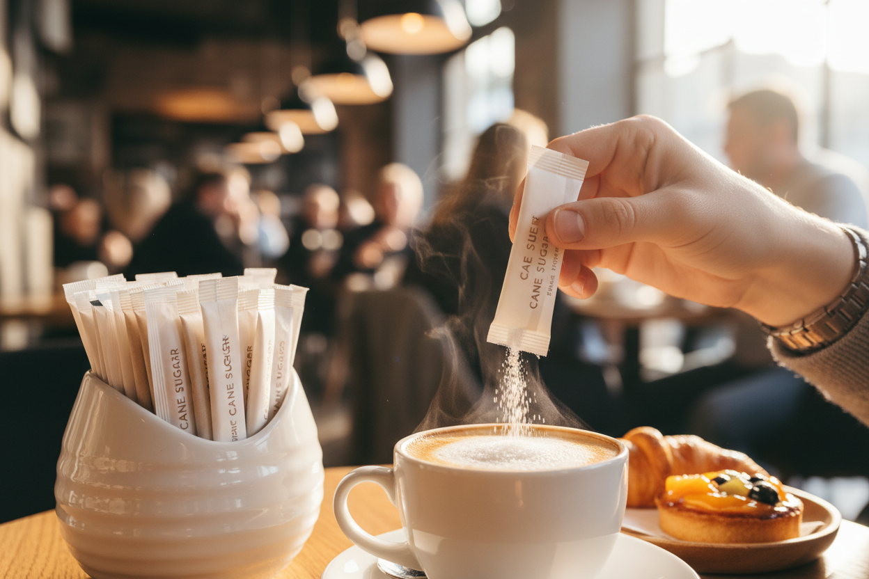 Close-up of customer using white sugar sachet with cappuccino