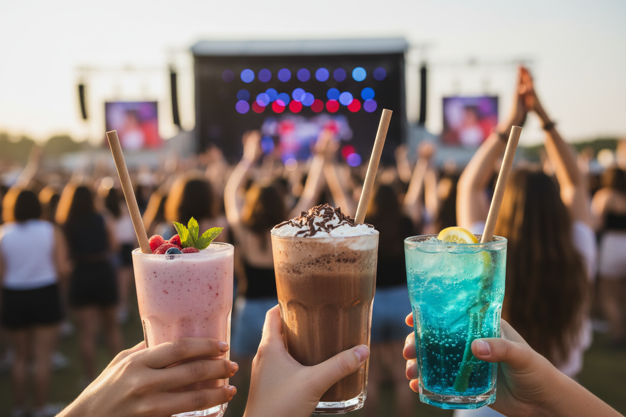 Close-up of drinks with Kraft straws at festival