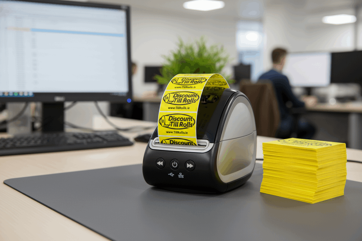 Close-up of Dymo printer printing yellow Discount Till Rolls branded Dymo labels