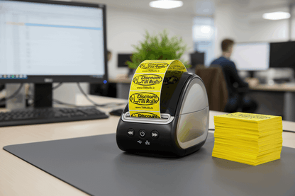 Close-up of Dymo printer printing yellow Discount Till Rolls branded Dymo labels