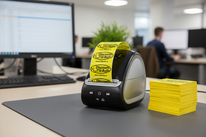 Close-up of Dymo printer printing yellow Discount Till Rolls branded Dymo labels