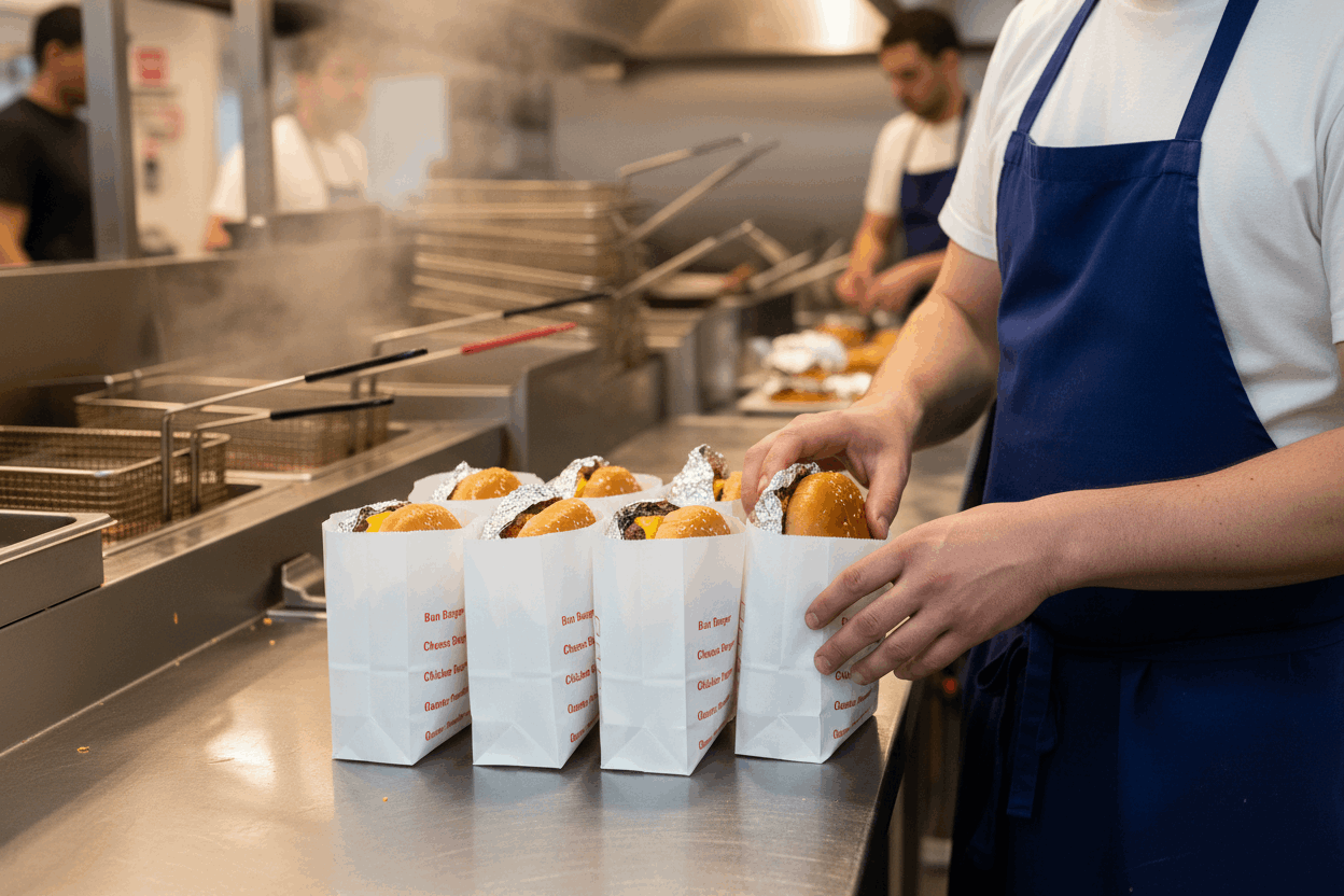 Close-up of hands placing burgers in small tick-box Burger bags on steel counter