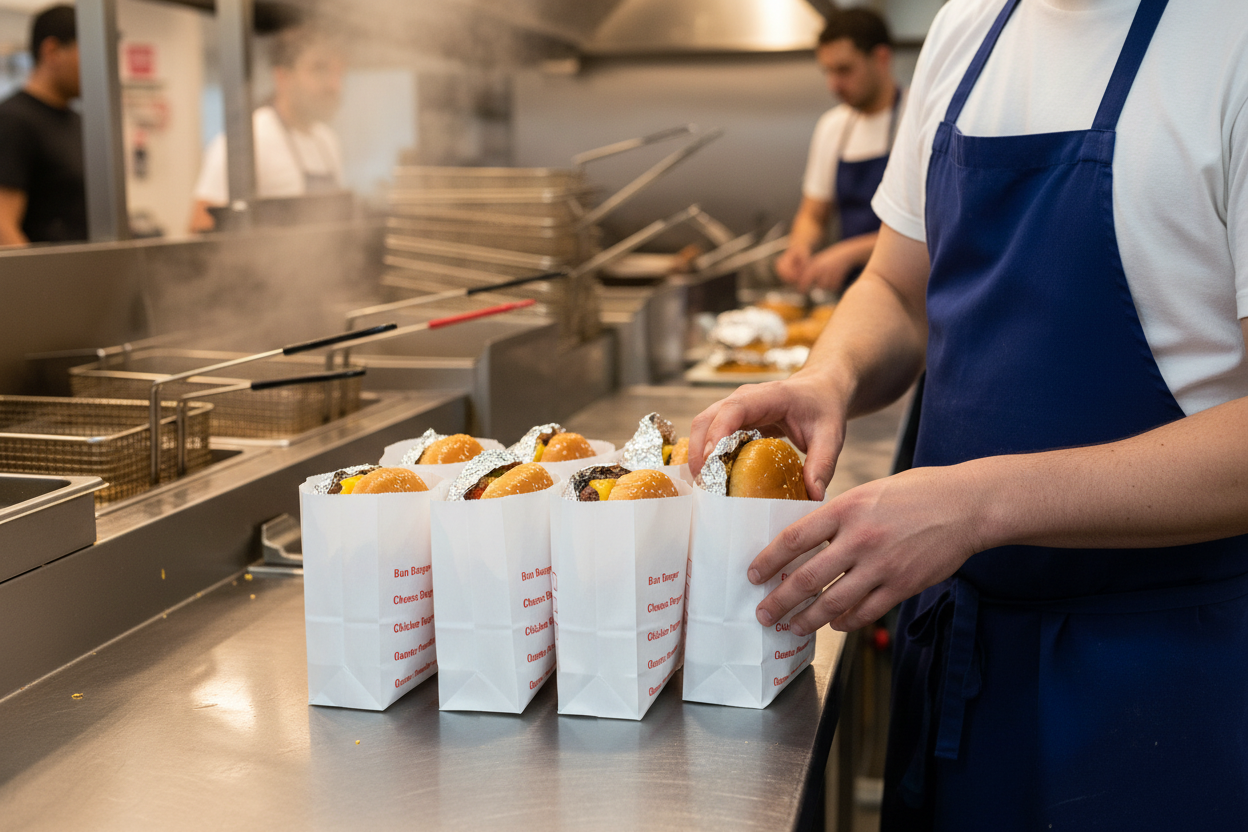 Close-up of hands placing burgers in small tick-box Burger bags on steel counter
