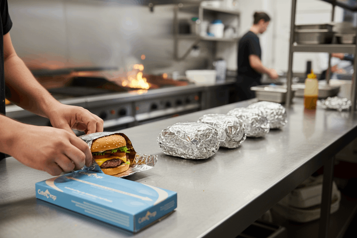 Close-up of hands wrapping burgers in aluminum foil sheets from dispenser
