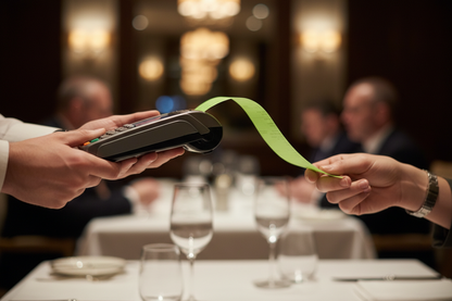 Close-up of server handing green credit card receipt in busy Irish restaurant
