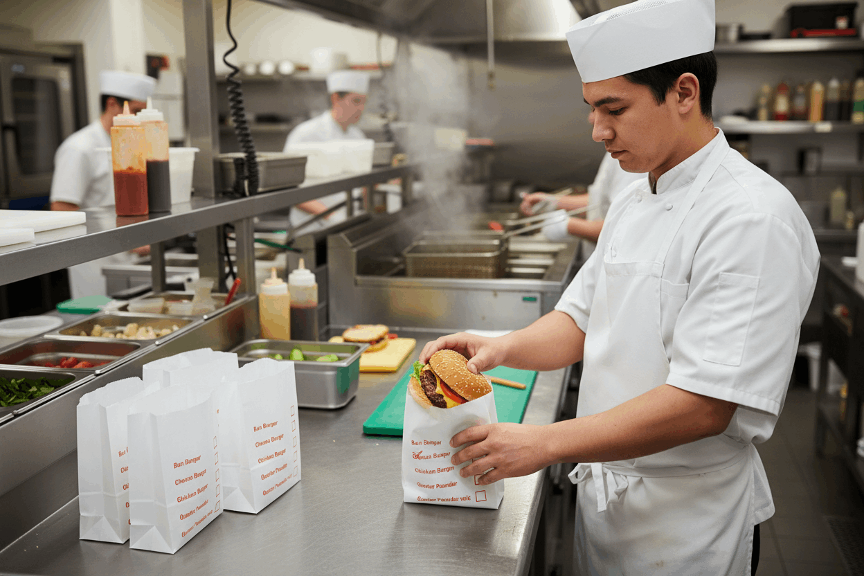 Cook placing burger in tick-box burger bag at chip shop counter
