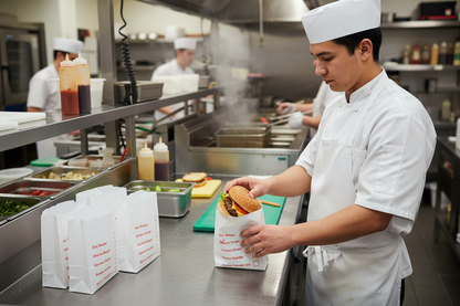 Cook placing burger in tick-box burger bag at chip shop counter