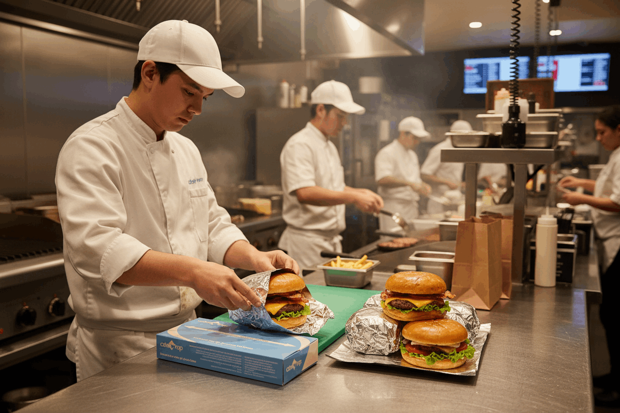Cook wrapping burger in pop-up foil sheets at restaurant counter