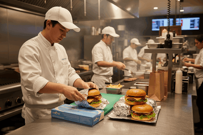 Cook wrapping burger in pop-up foil sheets at restaurant counter