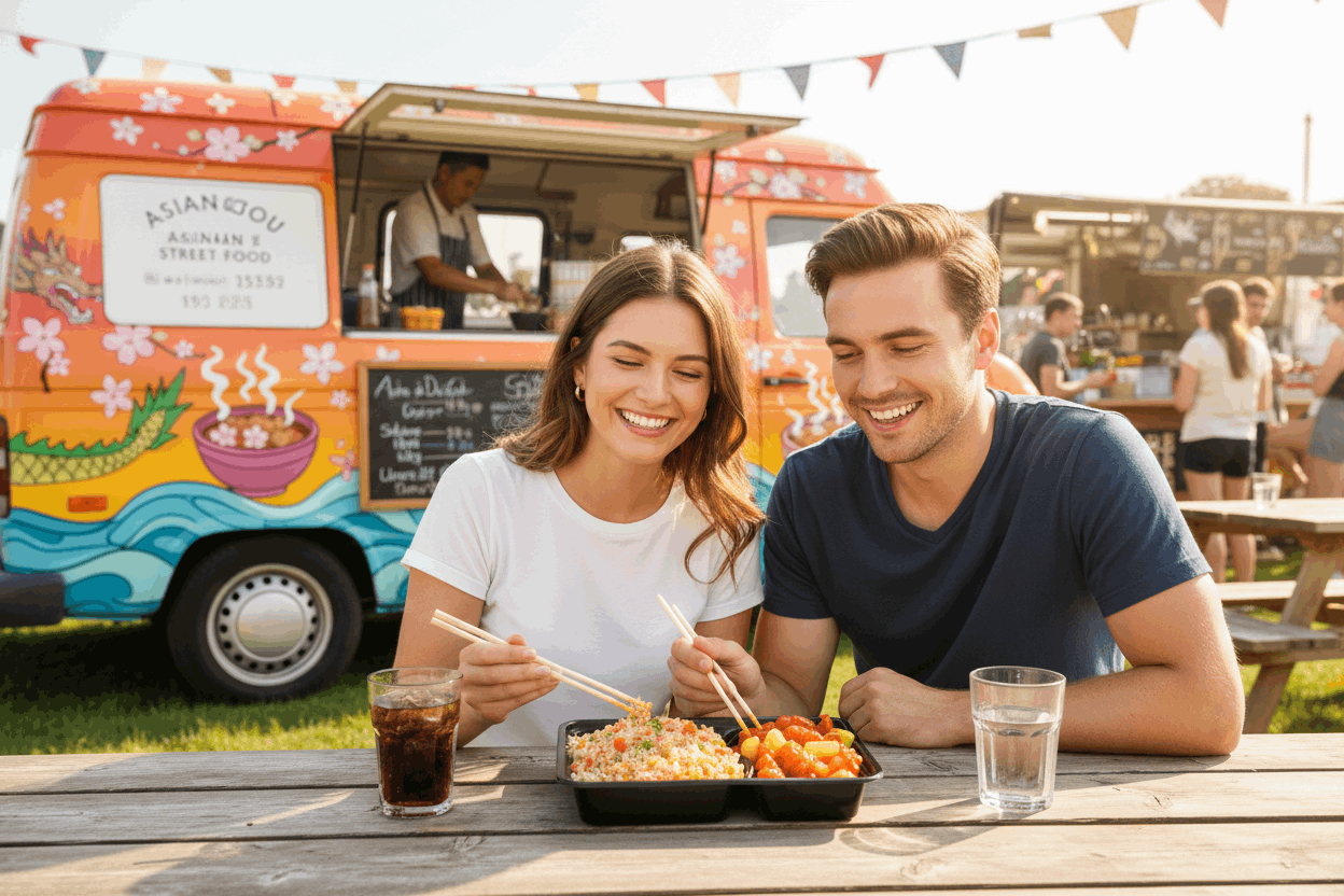 Couple eating fried rice at food truck