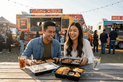 Couple eating pad thai at food truck