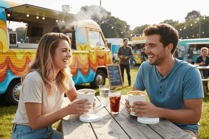 Couple eating soup at food truck