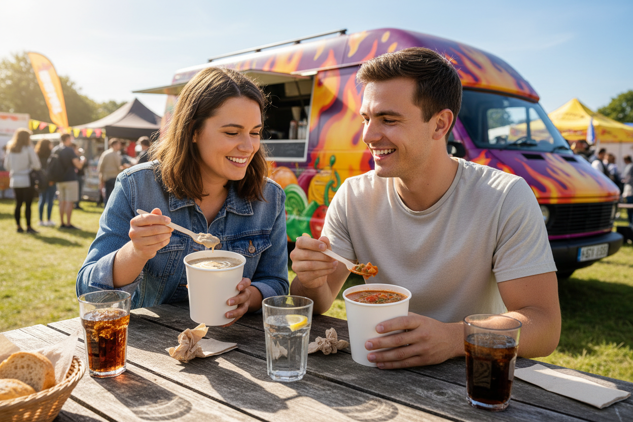 Couple eating soup at food truck