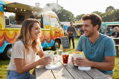 Couple eating soup at food truck