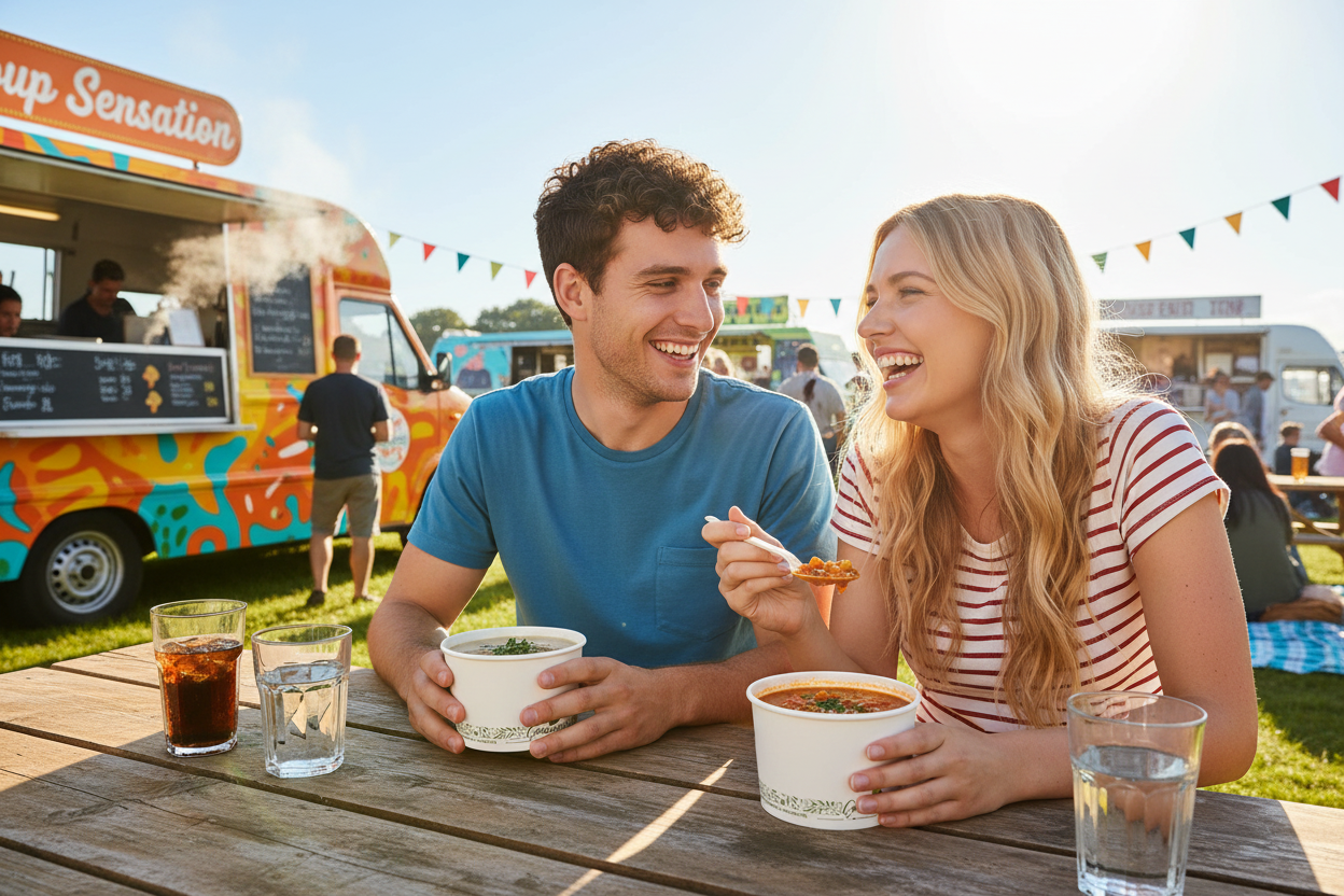 Couple eating soup at food truck