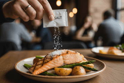 Customer opening salt sachet over meal