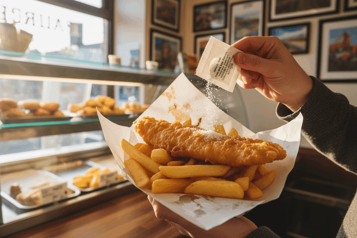 Customer shaking salt sachet over fish and chips in white wrapping paper
