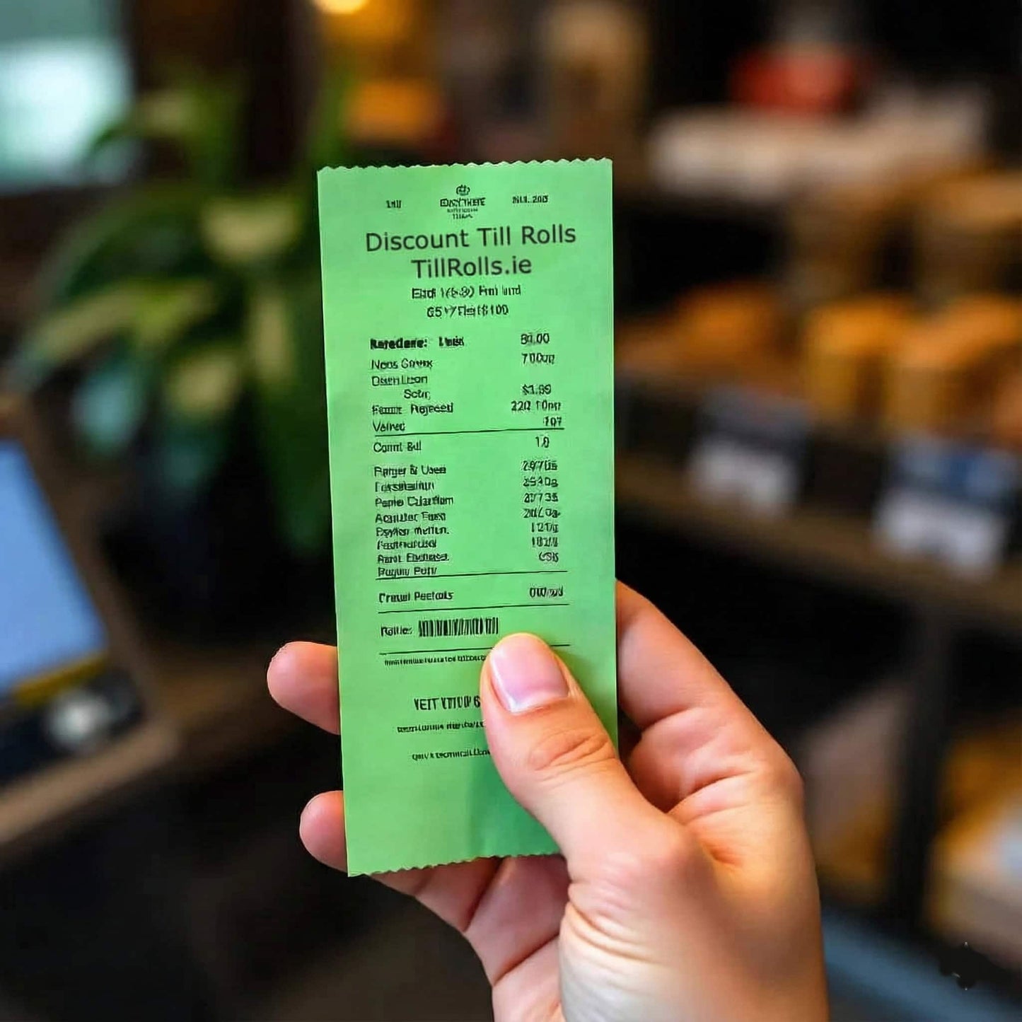 A customer holding a green receipt from green credit card rolls