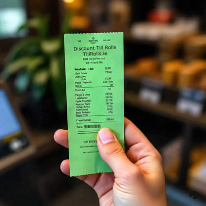 A customer holding a green receipt from green credit card rolls
