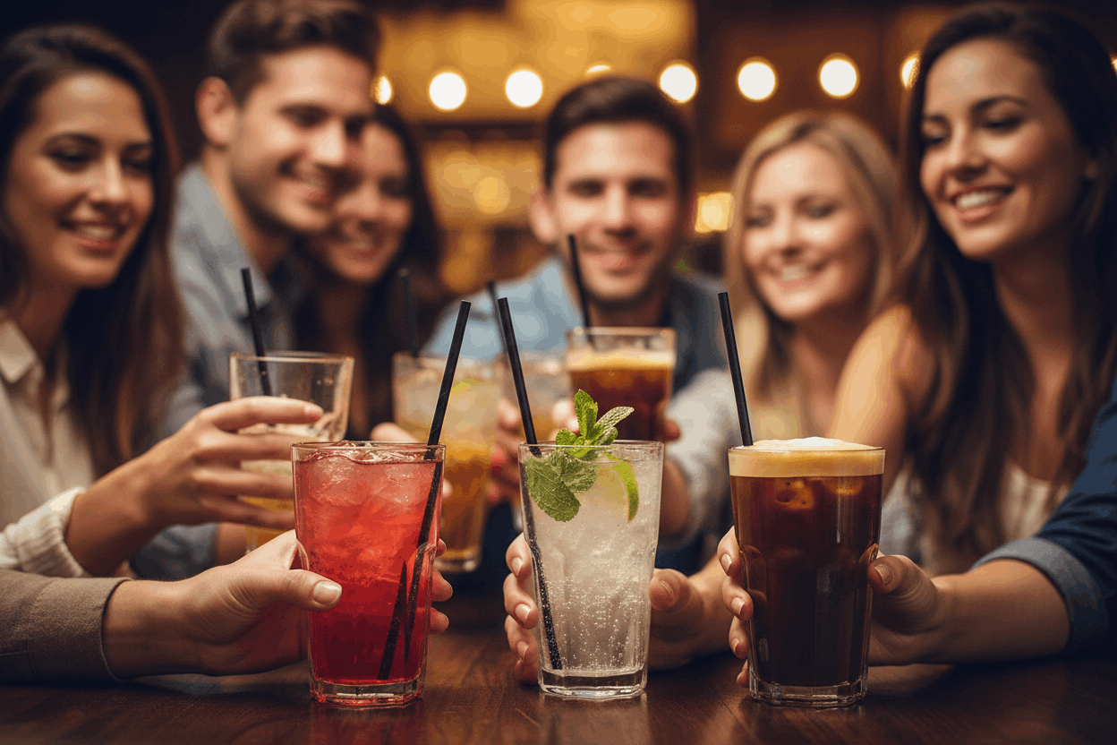Customers in a busy bar with Black Compostable Paper Straws