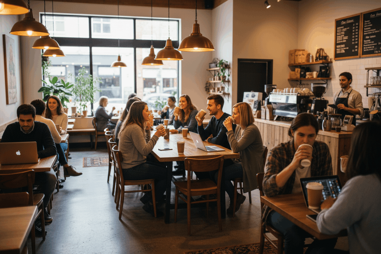 Customers in a busy coffee shop enjoying drinks from kraft double wall paper cups