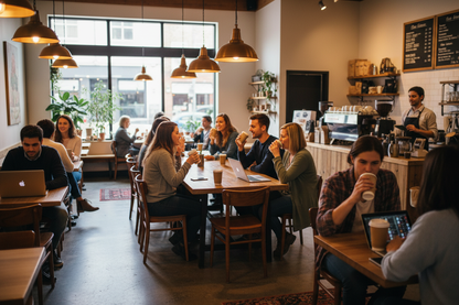 Customers in a busy coffee shop enjoying drinks from kraft double wall paper cups