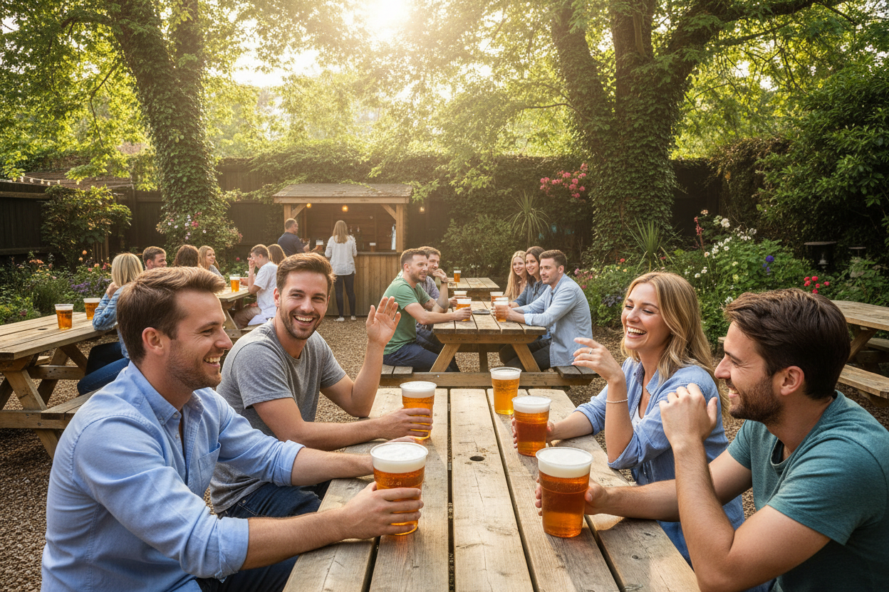 Customers in a sunny beer garden drinking from half pint flexi glasses