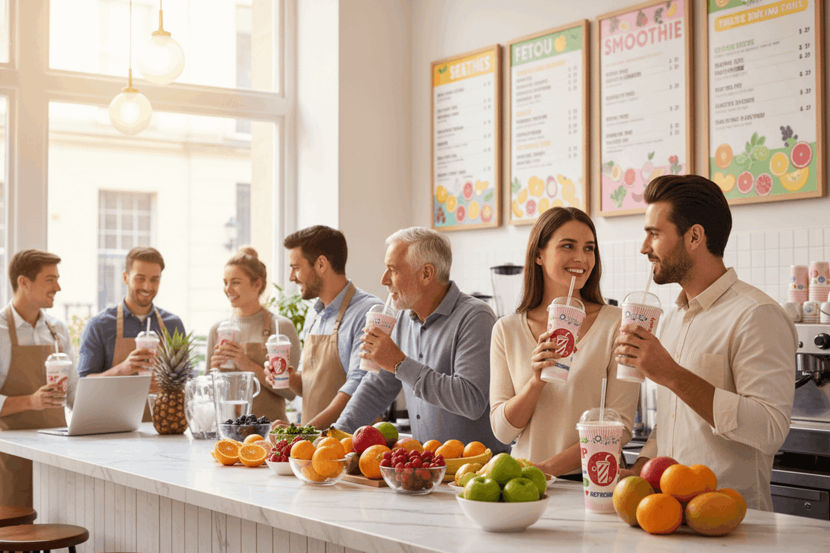 Customers with Chill cups at juice bar
