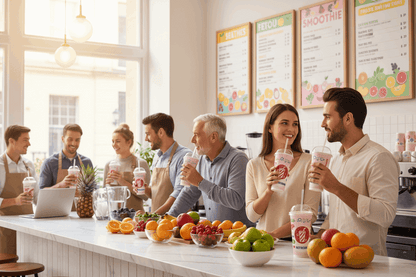 Customers with Chill cups at juice bar