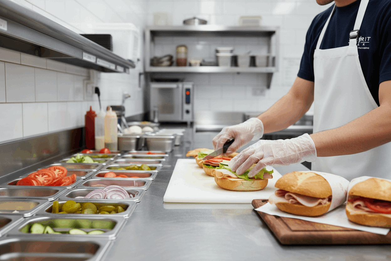 Deli staff member wearing clear PE poly gloves making sandwiches on prep counter