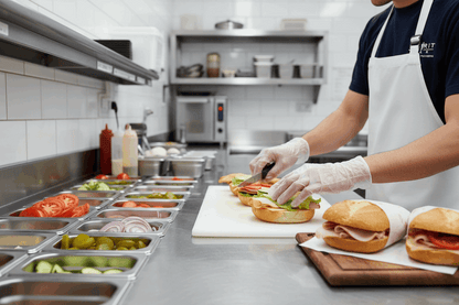 Deli staff member wearing clear PE poly gloves making sandwiches on prep counter