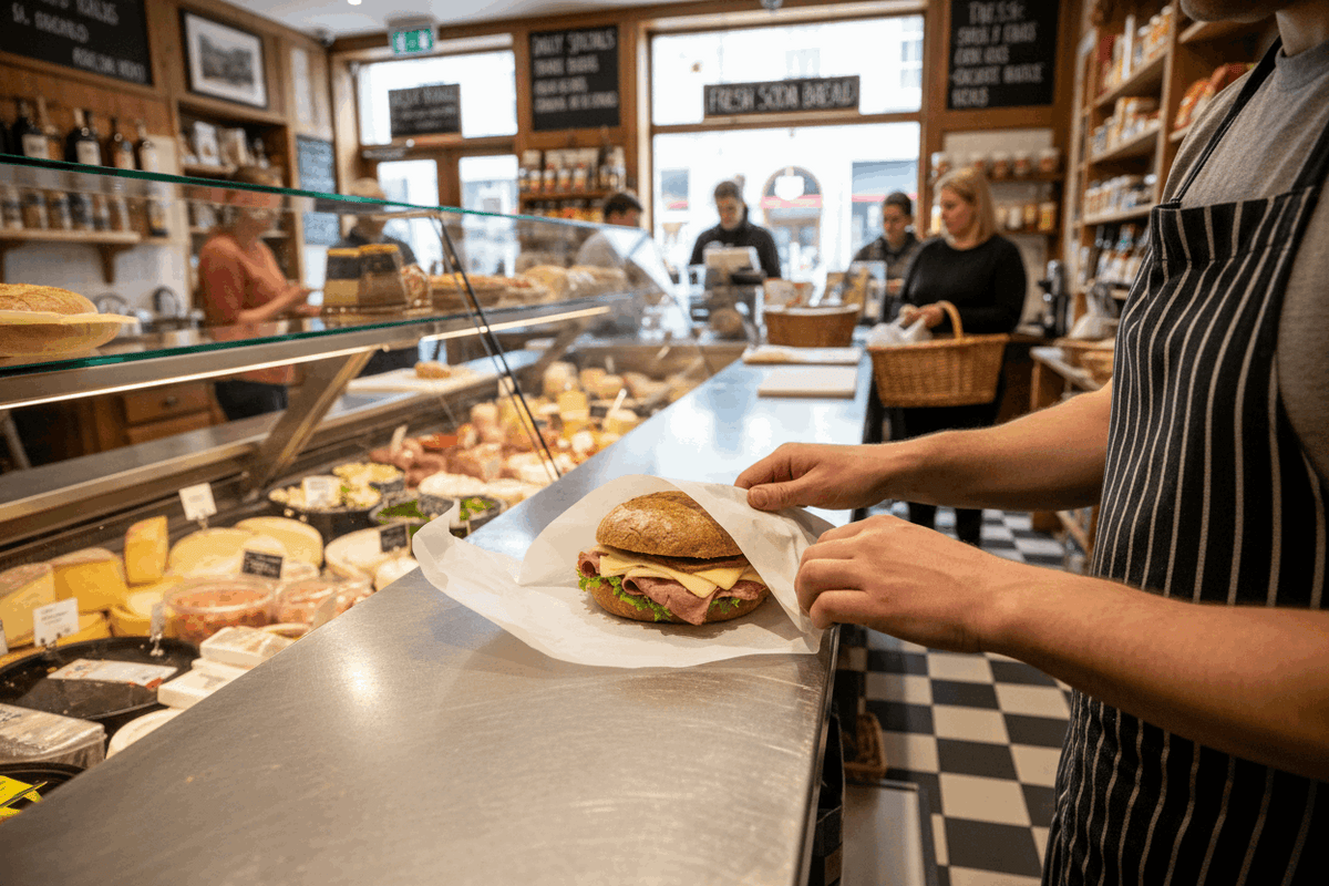 Deli worker wrapping sandwich in greaseproof sheet