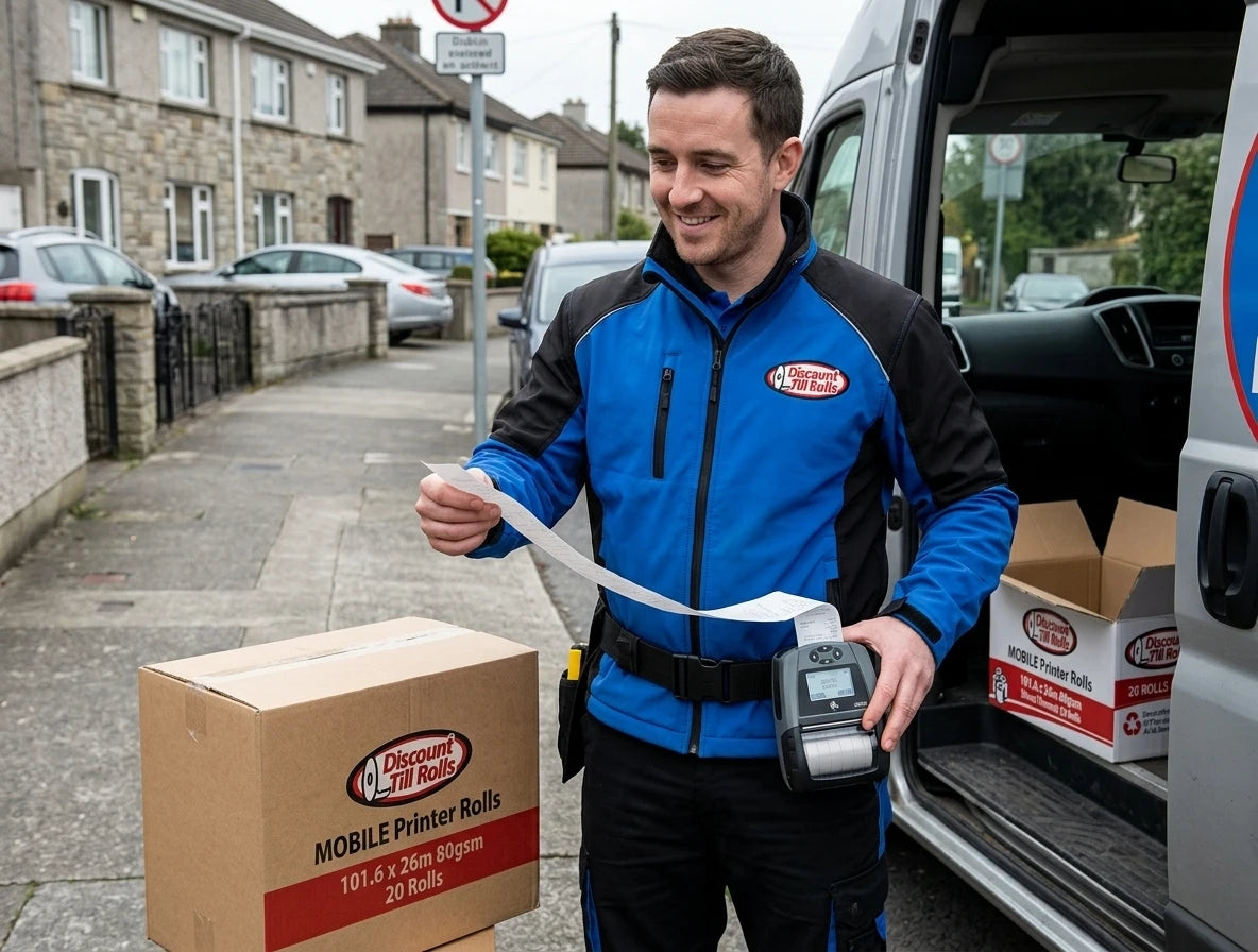 Discount till rolls delivery driver printing a delivery receipt from a mobile Zebra printer