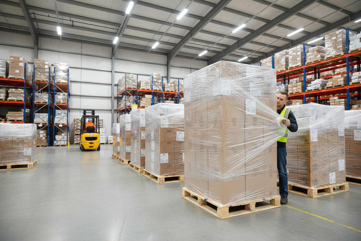 Distribution center with wrapped pallets