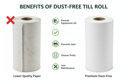 Comparison of dust-free till roll with lower quality paper on a white background