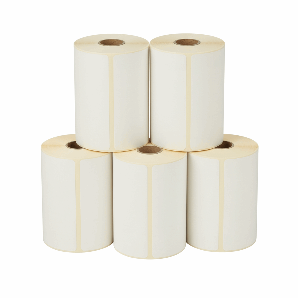 DYMO label rolls stacked display