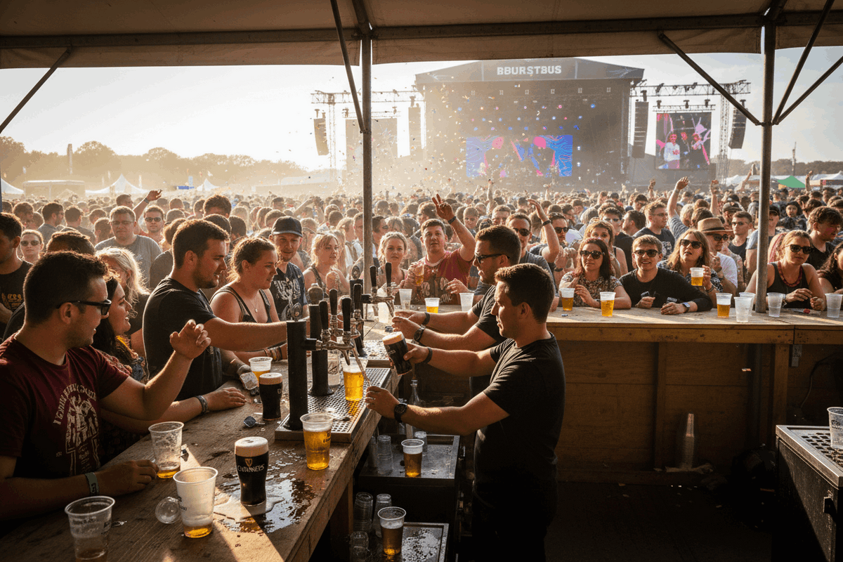 Festival bar queue with pint flexi glasses