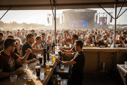 Festival bar queue with pint flexi glasses