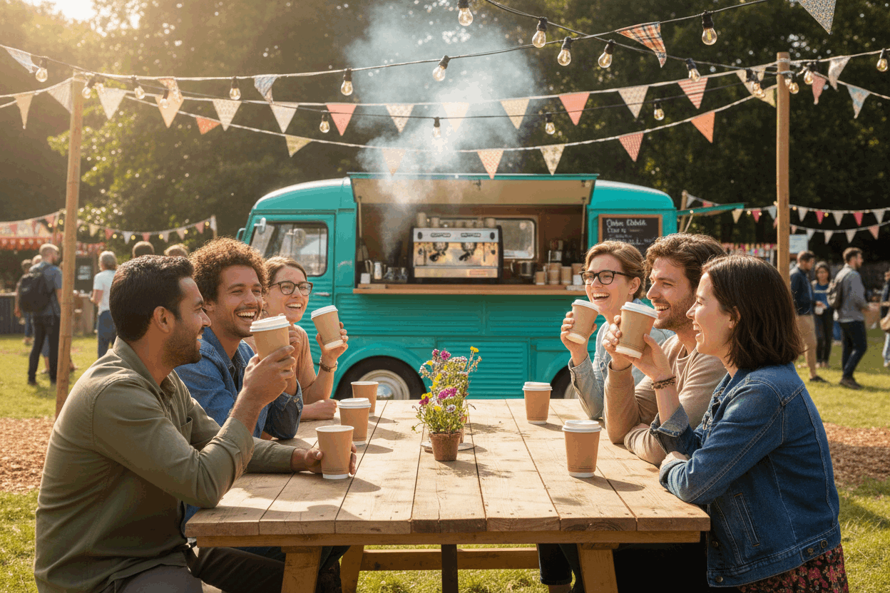 Festival goers sitting at a wooden table with kraft double wall paper cups from a mobile coffee van