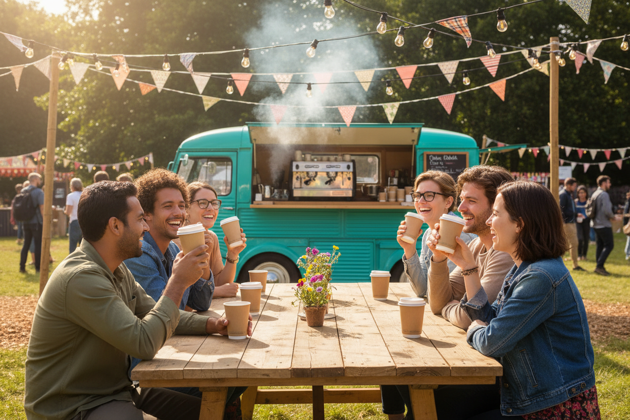Festival goers sitting at a wooden table with kraft double wall paper cups from a mobile coffee van