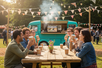 Festival goers sitting at a wooden table with kraft double wall paper cups from a mobile coffee van